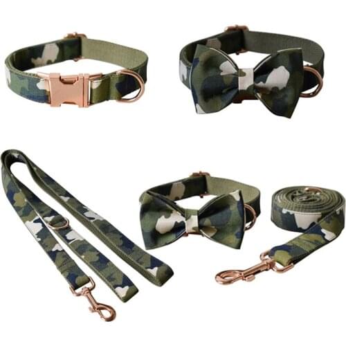 Camouflage 06 The Bottom Of Green Free Engrave Fabric Dog Collar Leash Set For Medium Big Necklace With Bow Tie Name Necklace