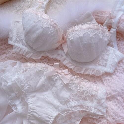 Japanese Cute Womens Underwear Set Lace Sexy Push Up Bra and Panty Embroidery Plus Size Lingere Femme White Bra Panties Thong