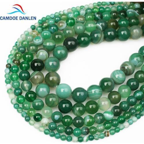 CAMDOE DANLEN Natural Stone Beads Green Striped Agates Round Strand Beads 4-12MM Chalcedony Diy Charms Beads For Jewelry Making