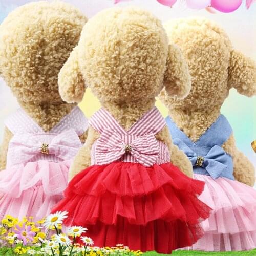Bowknot Small Dog Princess Lace Tullle Dress Printed Puppy Pet Skirt Dog Party Birthday Wedding Comfortable Sling Dress Clothes