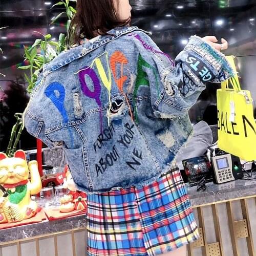 Spring Autumn Streetwear Rivets Denim Jacket Colorful Letters Ribbons Women Punk Rock Ripped BF Design Graffit Print Coats NZ83