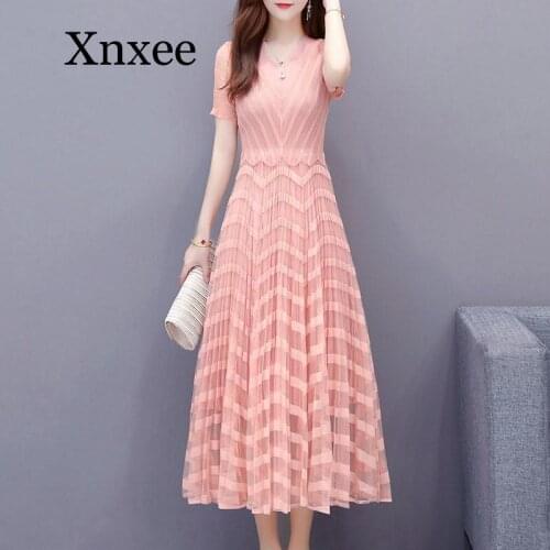 Summer dress 2020 new plus size short sleeve long temperament was thin magic pleated big swing pleated Korean style dress