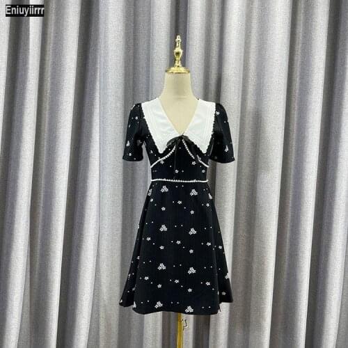 Cute Sweet Japanese Style Girls Women Little Black Party Date Beading Lace Retro Vintage Chic Korea Peter Pan Collar Dress