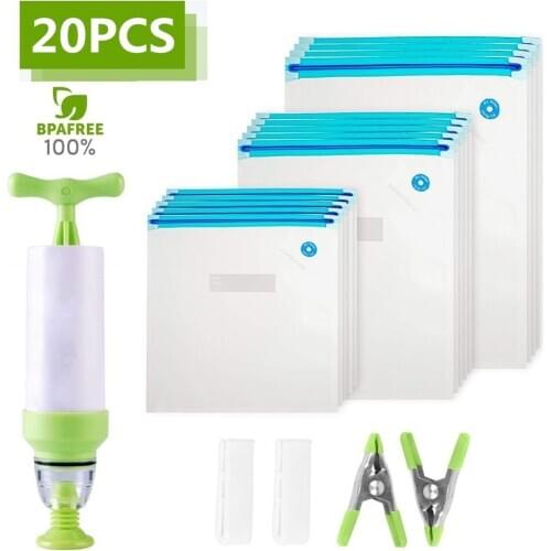 17/20Pcs Reusable Vacuum Bag Kits Sealer Storage Bag with Manual Pump Machine Freezer Bags For Freezing Food Kitchen Organizer