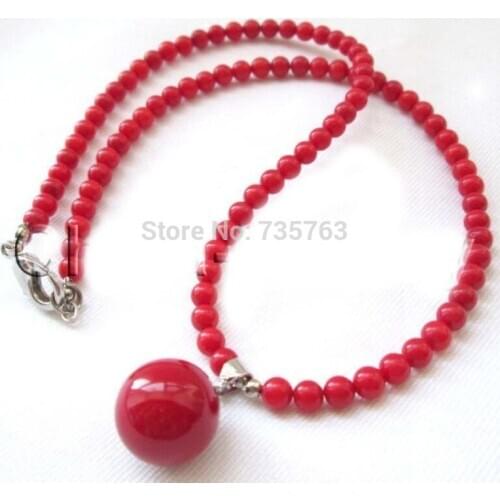 Natural 5mm red coral rounds beads necklace 14mm sea shell pearl pendant AAA
