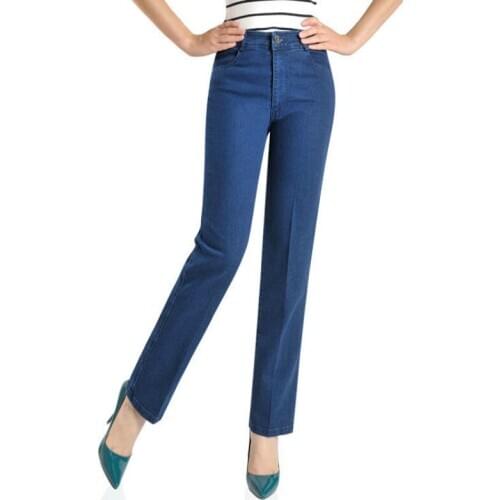 New 2021 Mom Jeans High Waist Solid Pockets Cowboy Pants Women Casual Blue Zipper Fly Long Denim Pencil Trousers Size 28-38