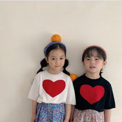 2021 Summer New Girls Shirt Love Pattern Casual Short Sleeve Knitted Tops Solid Cotton T-shirt