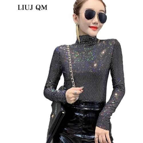 2021 Autumn Winter Tshirt Womens Plus Velvet Shiny High Neck Bottoming T Shirt Women Shiny Long-sleeved Tight-fitting Tops