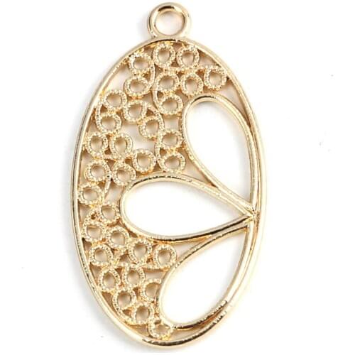 10 PCs Oval Hollow Flower Charms Zinc Based Alloy Pendants Gold Color For DIY Necklace Earring Jewelry Making
