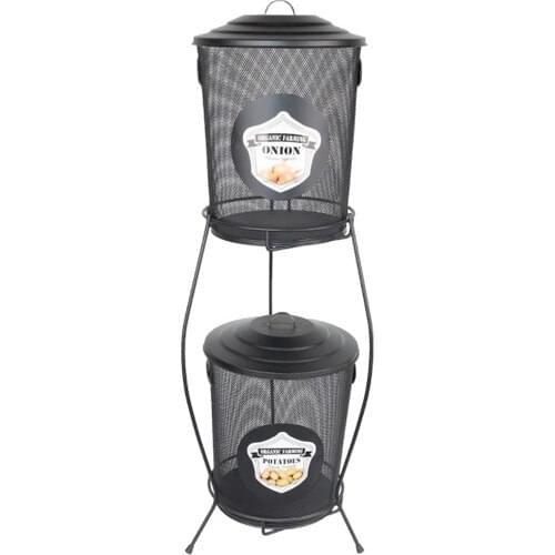 CANDLESTICK HOME Potato Onion Bucket Metal Meshed Standing 2 Layer Black
