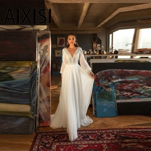 Jasmine Luxury Lace Wedding Dresses Deep V Neck Backless Chiffon Full Sleeves Boho Robe De Mariee New Design