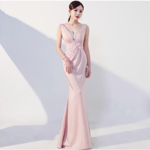 Pink Mermaid Deep V Neck Evening Dress Cheongsam Modern Oriental Style Host Sexy Qi Pao Women Chinese Dresses Qipao Promotion
