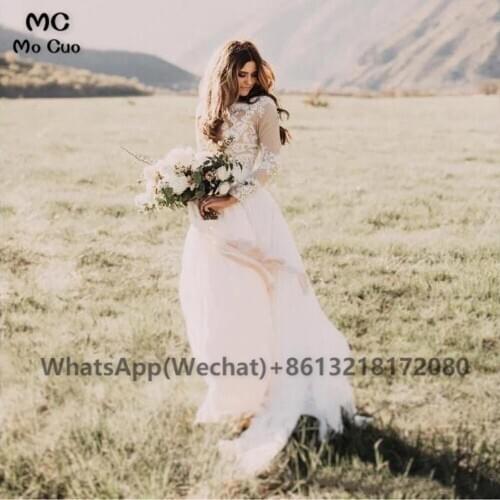 Elegant 2021 Beach Wedding Dresses Long Sleeves Appliques Chiffon Vestido de Noiva Pleat Zipper Back Bridal Gowns