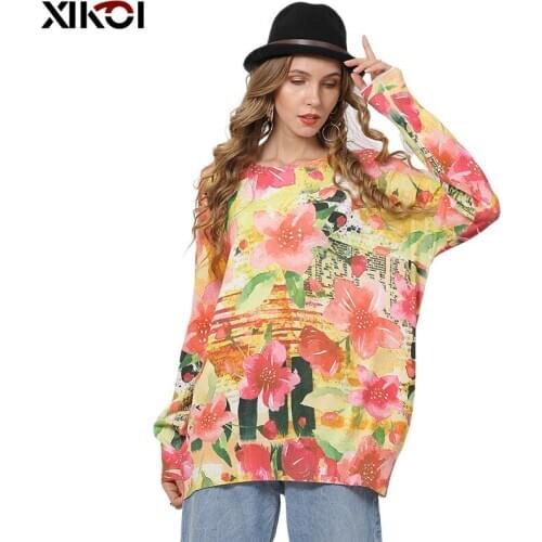 XIKOI Fashion Pink Flowers Print Sweater For Women Winter Long Sweater Oversized Pullovers Casual Knitted Plus Size Jumper Top