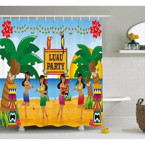Tiki Bar Shower Curtain Hawaiian Luau Party in Cartoon Style Dancers on Beach Festive Tradition Bath Curtains For Bathroom