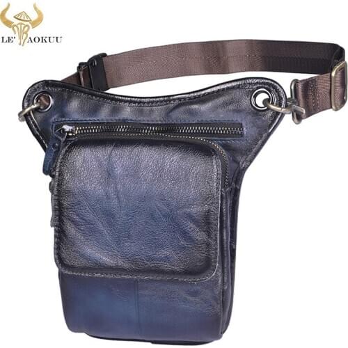 Trend Top Quality Crazy Horse Leather Men Fashion Blue Small Belt Messenger Bag Design Fanny Waist Pack Drop Leg Bag 211-1