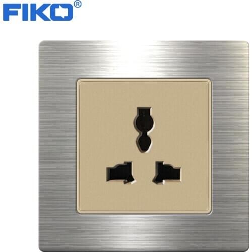 FIKO 13A UK Universal socket wall power socket home hotel ，86mm *86mm stainless steel panel Gold function key standard