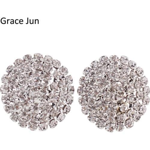 Grace Jun New Fashion Bridal Rhinestone Large Round Clip on Earring No Pierced for Women Elegant Statement Earrings
