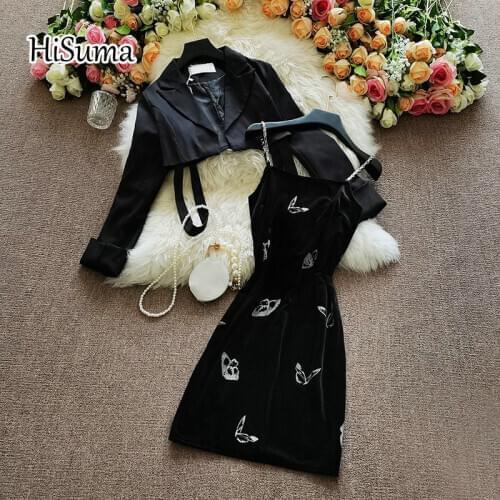 2021 spring new women Chain sling butterfly velvet dress + short suit jacket female two piece sets