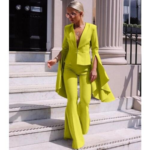 Two Piece Set Top and Pants Women Flare Sleeve Plunge V-neck Blazer & High Waist Bodycon Skinny Wide Leg Pants Elegant Suit