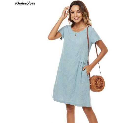 Khalee Yose Floral Embroidery Mini Dress Cotton Blue Summer Holiday Women Dresses Casual Chic 23XL Plus Size Ladies Dress New