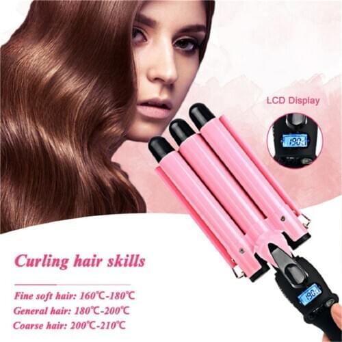 3 Pipe Hair Curling Iron Ceramic Hair Curler Hair Waver Curlers With LCD Temperature Display - 1 Inch Ceramic Tourmaline Triple