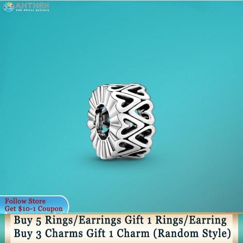 Ahthen S925 Sterling Silver Beads Sparkling Heart Charm fit Original Pandora Bracelets for Women Jewelry Making Birthday Gift