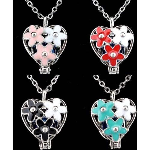 Colors Enamel Flower Heart Beads Pearl Cage Perfume Diffuser Pendants Locket Necklace Christmas Gift