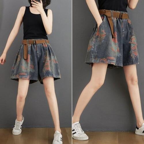 Streetwear Printed Denim Shorts Summer 2021 New High Waist Denim Shorts Women Loose Femme Jeans Casual Wide-leg Pants A584