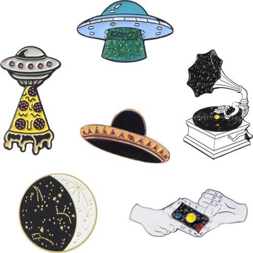 Universe Collection Enamel Pin Cartoon UFO Starry Moon Phonograph Galaxy Space Brooch Lapel Pins Metal Badge Gift for Kid Friend