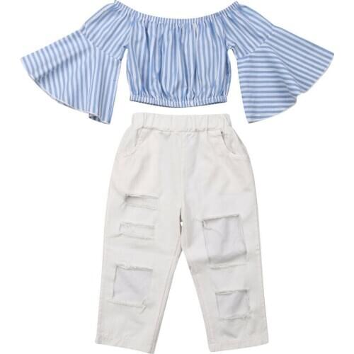 1-6Y Toddler Kids Girl Clothes Set Summer Off Shoulder Crop Top+Denim Pants Fashion Children Girls Clothing Kid Costumes