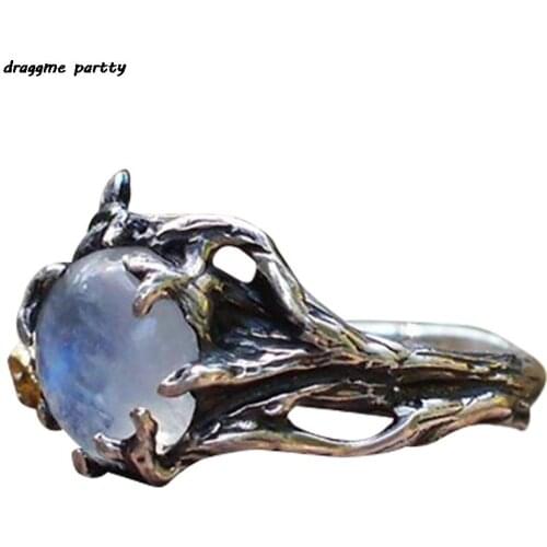 Best Selling Vintage Retro Tree Leaf Natural Moonstone Stone Ring Thai Silver Rings for Women Engagement Christmas Jewelry Gift