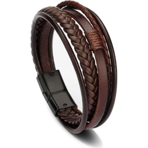 New Fashion Genuine Leather Bracelets Vintage Stainless Steel Multilayer Braided Rope Bangles for Male Female Party High Quality
