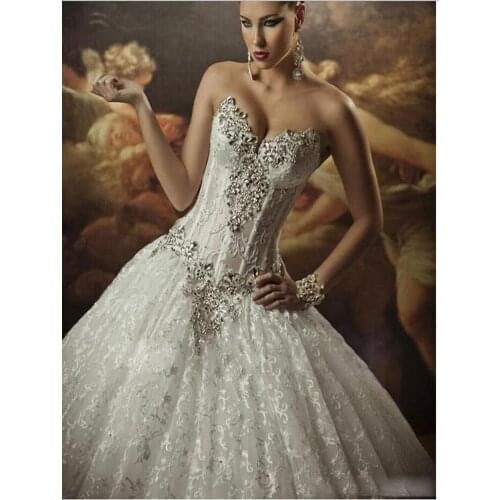 Latest Design Royal Dramatic Ball Lace Bling Crystals Beaded Wedding Dresses Bridal Gowns High Quality Appliques Gorgeous Stunni