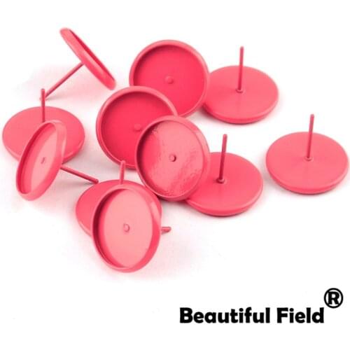 20pcs Fit 12mm Cabochons Earrings Base Ear Setting Colorful Plated Round Cameo Base Blank Dark Red With Plug