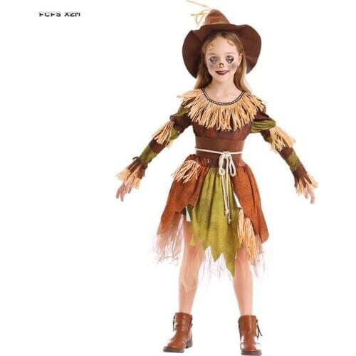 S-M Girls horrifying scarecrow Cosplay Children Kids Halloween beggar Costumes Carnival Purim Parade Stage Role play party dress