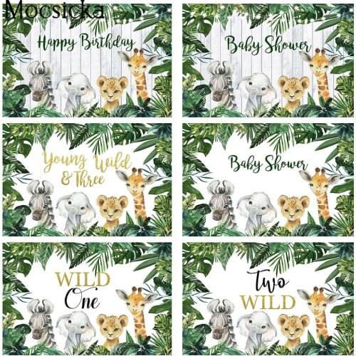 Safari Jungle Birthday Backdrop Green Leaves Children Kids Baby Shower Photo Background Texture Wood Photo Background Animals