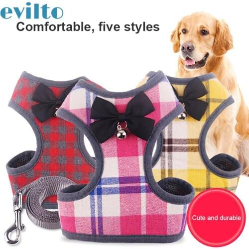 New Plaid Pet Leash Small Dog Harness and Leash Set Pet Cat Vest Harness With Bells Bowknot Mesh Padded for Puppy Dogs Walking