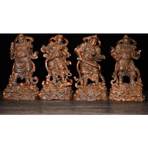 7" China Lucky Seikos Boxwood Four Heavenly Kings Statue Four Diamond Holding country Growth Wide eye Smell statue