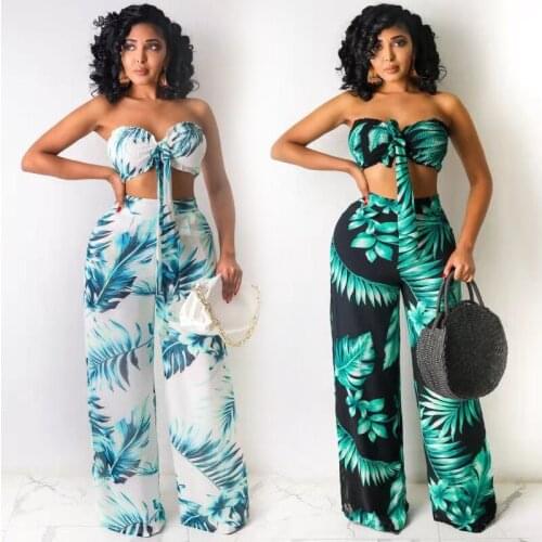 Strapless Vest Printing Suit 2 Piece Women Matching Set Fashion 2021 Spring Summer Sexy Crop Top Wide-leg Pants Two-piece Outfit