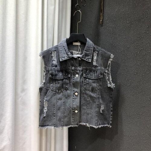 Sleeveless Denim Vest Jacket Womens New Turn-Down Collar Single Breasted Loose Hole Fashion High Street Vintage Female Vest
