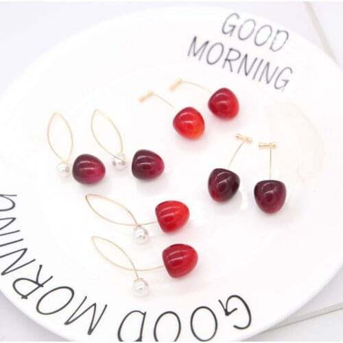 New Fashion Red Cherry Gold Drop Earring Sweet Fruit Long Crystal Earrings for Women Lady Gift Jewelry Tassel Dangle Accessorie