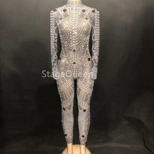 Women Sexy Nightclub Stage Bling Jumpsuit Net Yarn Full Of Glass Sparkling Crystals Pearls Bodysuit Nightclub Party Stage Wear