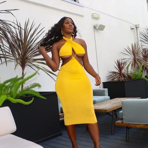 Close-fitting Hollow Out Dress 2021 Summer Women Fashion Solid Color Halter Neck Backless White/ Yellow