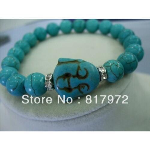 5pcs Glamour Stone Howlite 10mm Bead Stone Lucky Buddha Head Inlay Shining Crystal Ball Bangle Bracelet Elasticity Adjustable