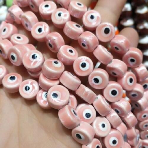 60PCS Nice Cute Ceramic Beads Withe Black Eye Flat Coin Shape Size 10MM For Womens Bracelets Making Accessories Good Sells