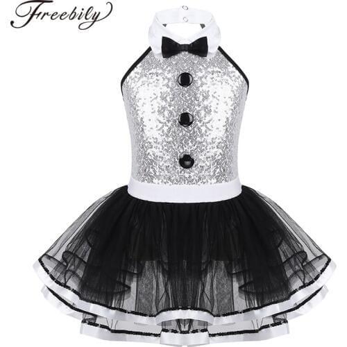 Girls Ballet Tutu Dress Sleeveless Shiny Sequins Decorative Buttons Dance Gymnastics Leotard Kids Mesh Modern Jazz Dance Costume