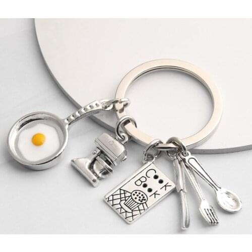 New Cooking Keychain Home Cooking Key Ring Fried Egg Pan Blender Cook Book Tableware Key Chain For Chef Gifts Jewelry Handmade