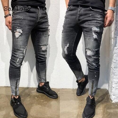 Samlona 2021 Spring Autumn Fashion Moto & Bike Pant Mens Multi-pocket Hole Ripped Pants Slimming Bottom Male Pants Men Trousers