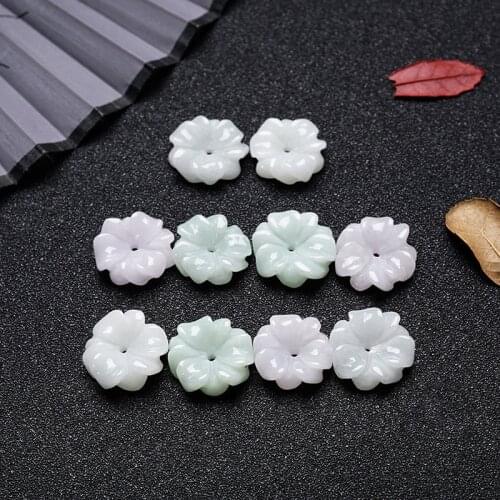 2PC Natural Emerald Jade Flower Beads Jadeite Jewelry Fashion Charm Accessories DIY Hand-Carved Lucky Amulet Gifts Women
